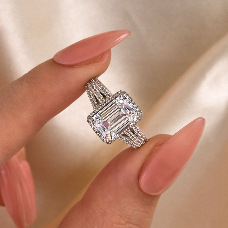 Louily Exclusive Split Shank Emerald Cut Engagement Ring In Sterling Silver - louilyjewelry