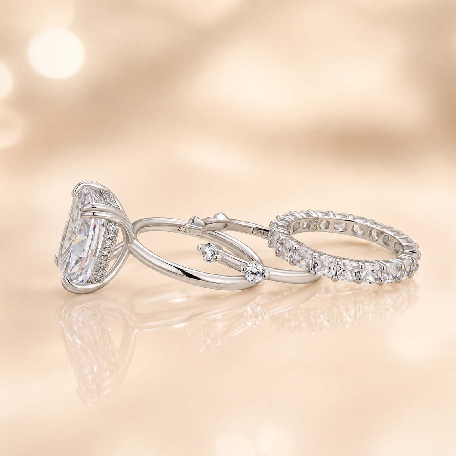 S925 8.0Ct Cushion Cut Wedding Set in Sterling Silver Promise Ring with Classic Wedding Bands