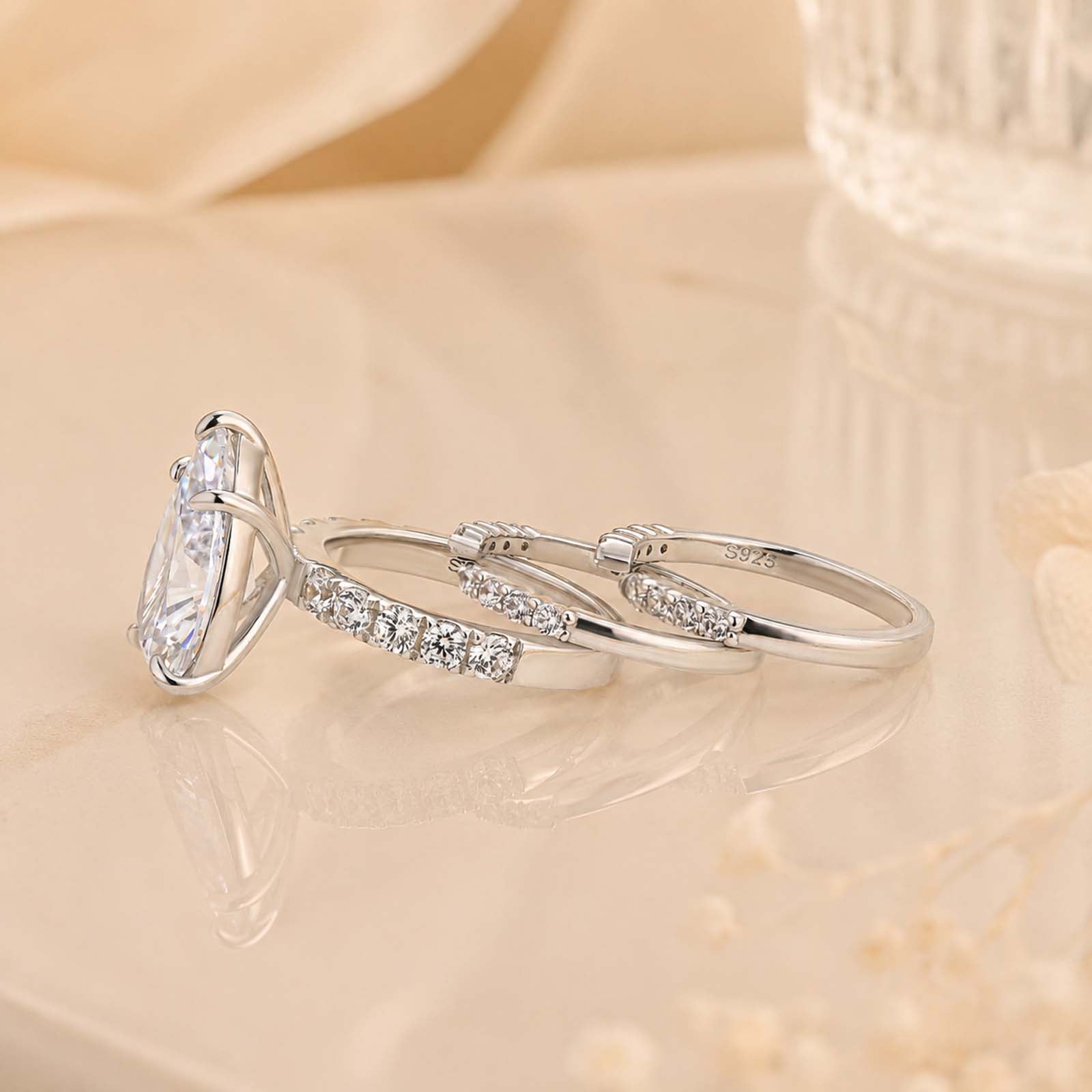 S925 5.0Ct Pear Cut Engagement Ring with Open Wedding Band Stackable Ring Set For Everyday Wear