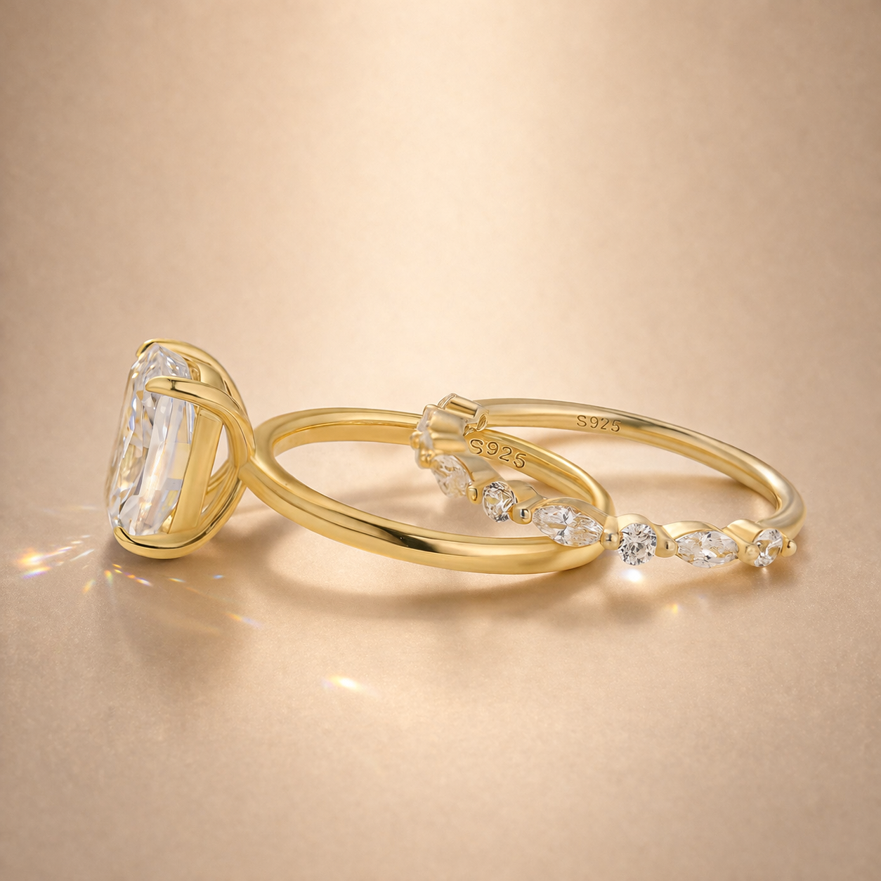 S925 2PC 3.0Ct Cushion Cut Yellow Gold Engagement Ring Set with Marquise & Round Cut Band