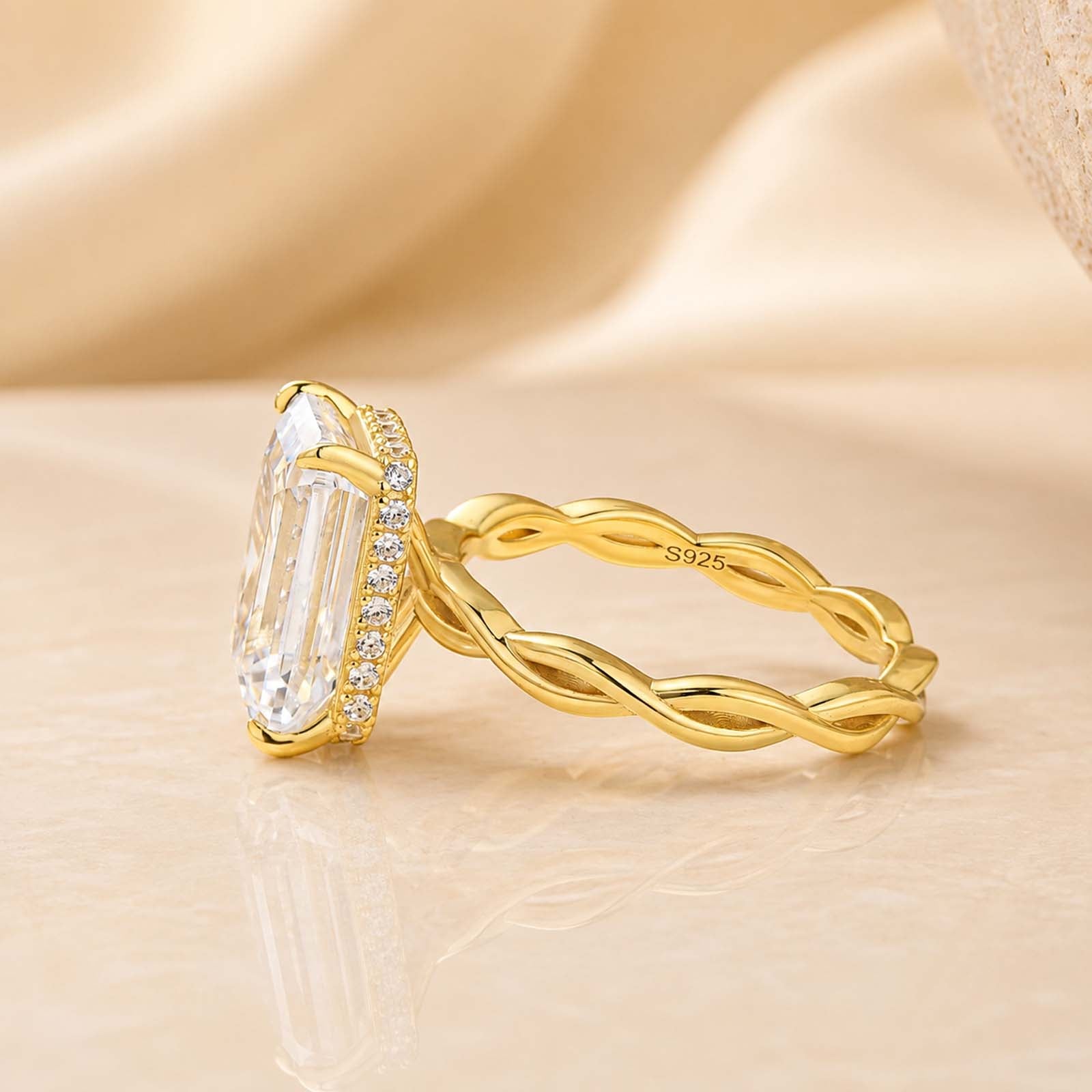 S925 5.0Ct Emerald Cut Hidden Halo Twist Bridal Ring in Sterling Silver