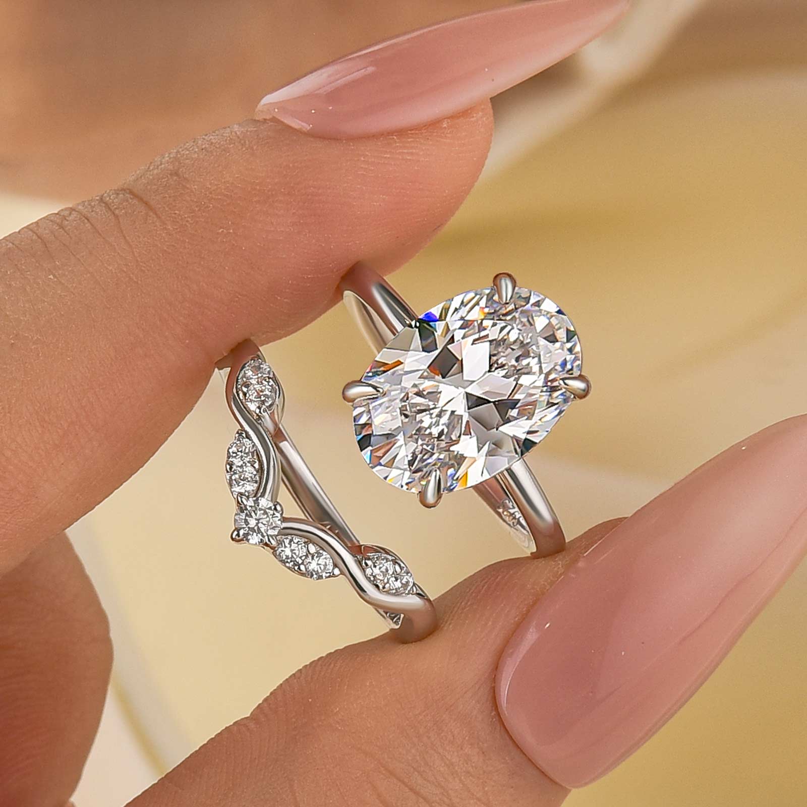 2PC Wedding Set 4.5Ct Oval Cut Hidden Halo Solitaire Engagement Ring with Design Wedding Band