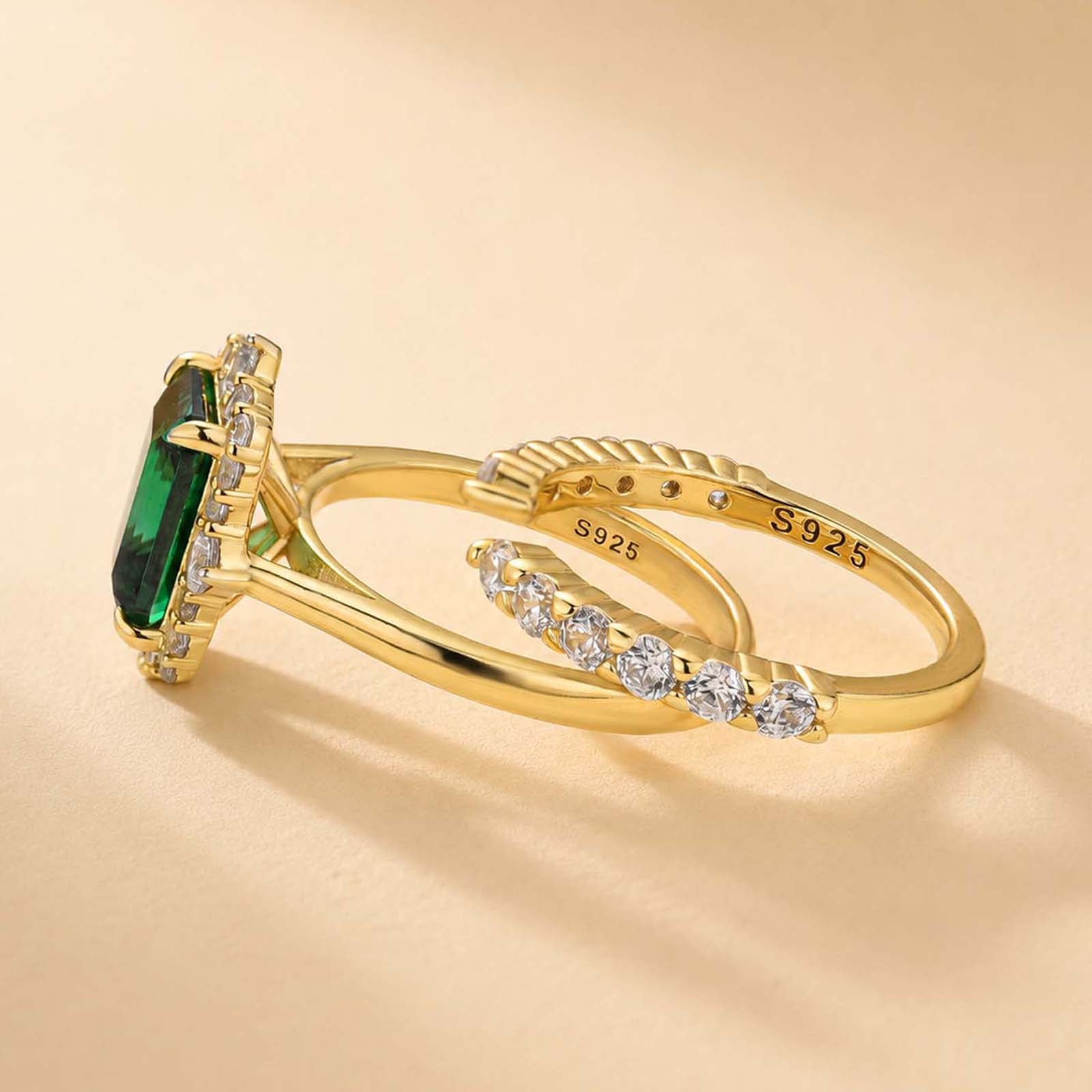 S925 Halo 3.0Ct Green Emerald Cut Engagement Ring & Open Wedding Band Stackable Rings For Everyday Wear