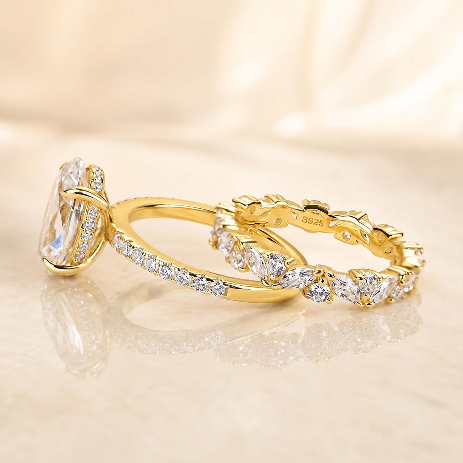 S925 4.0Ct Oval Cut Yellow Gold Engagement Ring with Marquise & Round Wedding Band
