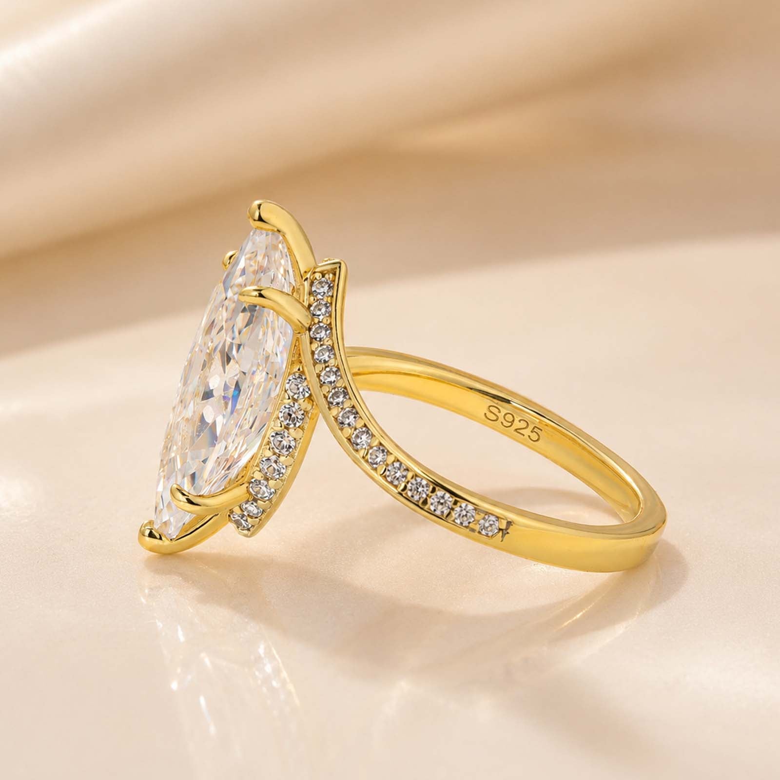 S925 4.0Ct Marquise Cut Pavé Engagement Ring in 18K Yellow Gold Travel Ring For Women
