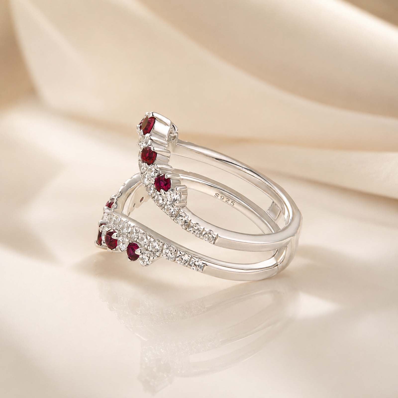 S925 Red&White Round Cut Chevron Wedding Band Enhancer Stackable Ring In Sterling Silver