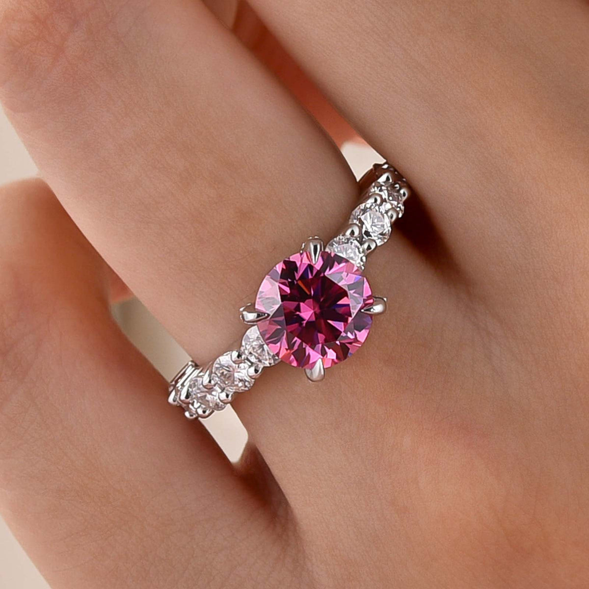 Moissanite 2.0Ct-4.0Ct Hidden Halo Pink Round Cut Side Stone Engagement Ring