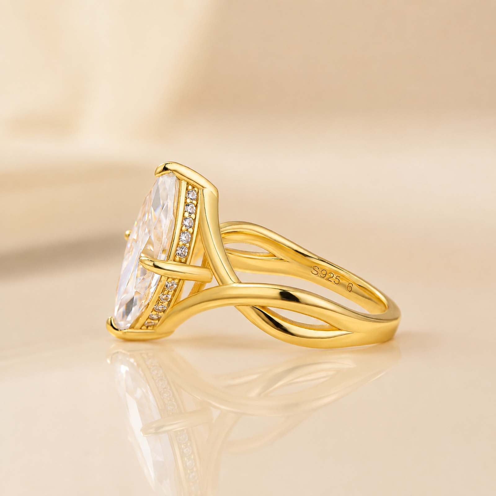 S925 Moissanite Twist 3.0Ct Marquise Cut Yellow Gold Engagement Ring