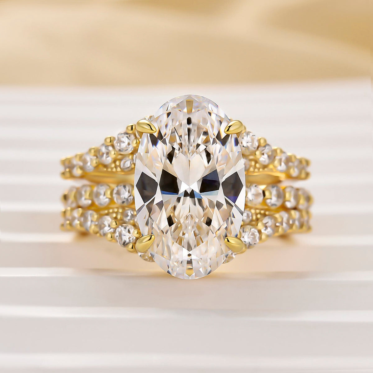 5.0Ct Oval Cut Hidden Halo Engagement Ring & Enhancer Double-Row Curved Wedding Band