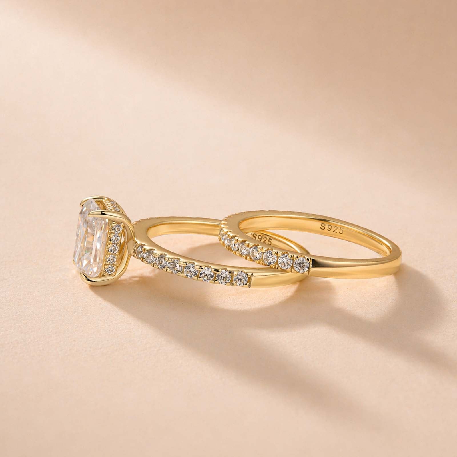 S925 2.0Ct Radiant Cut Moissanite Engagement Ring Set In Sterling Silver With Pave Wedding Band