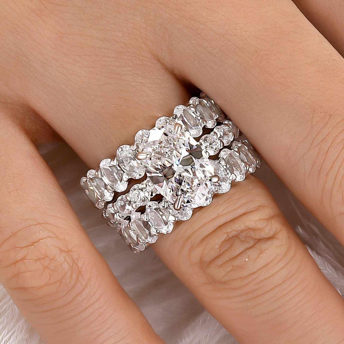 S925 3PC 4.0Ct Oval Cut Ring with Full Eternity Oval Cut Band Statement Ring Sets