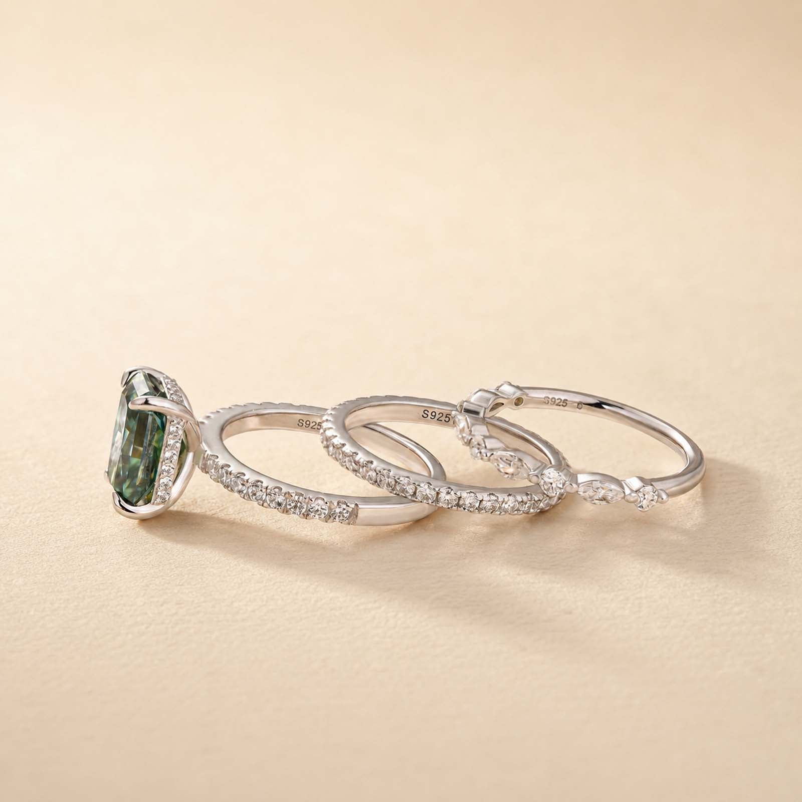 S925 Moissanite 3.5CT Radiant Cut Green Engagement Ring with Round & Marquise Accents Bands