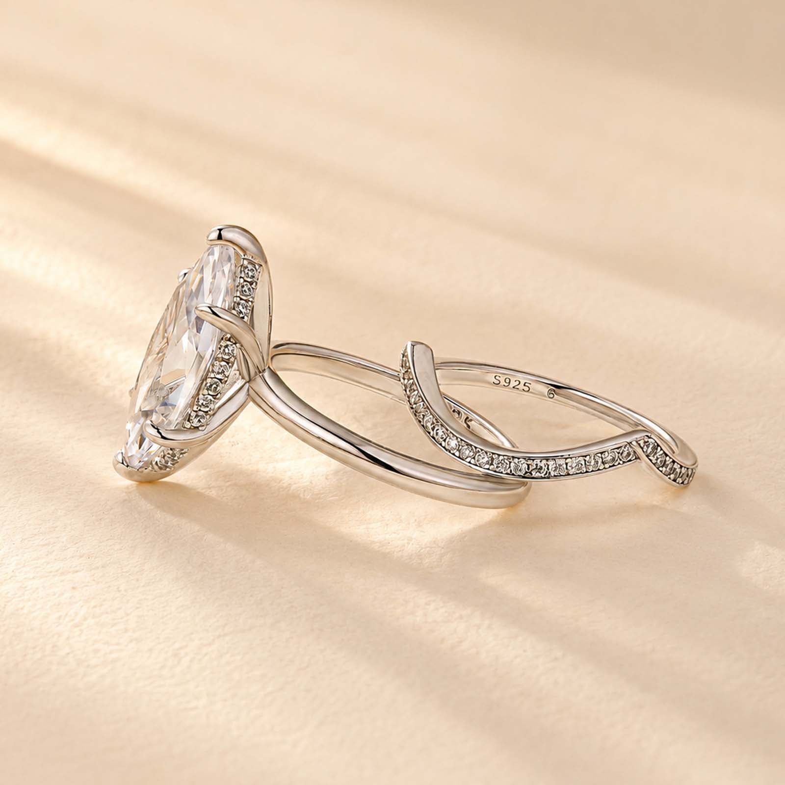 S925 4.0Ct Marquise Cut Hidden Halo Engagement Ring & Curved Wedding Band Bridal Ring Sets