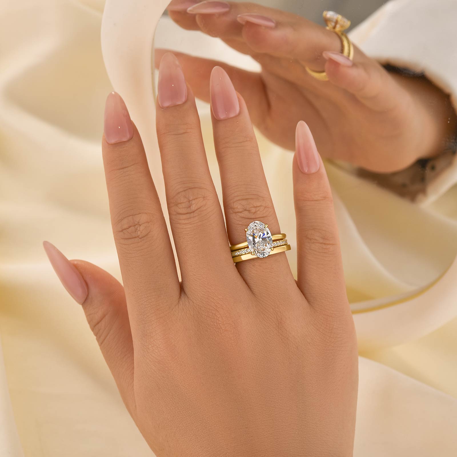 3PC Wedding Sets 4.0Ct Solitaire Oval Cut Hidden Halo Engagement Ring with 2PC Yellow Gold Wedding Bands