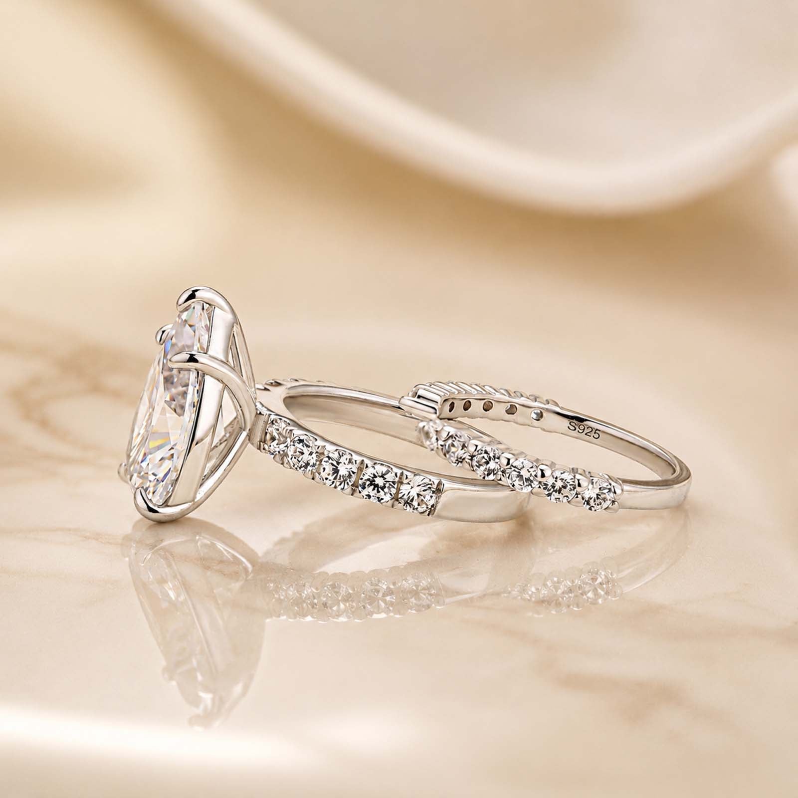 S925 5.0Ct Pear Cut Engagement Ring in Sterling Silver with Classic Open Wedding Band