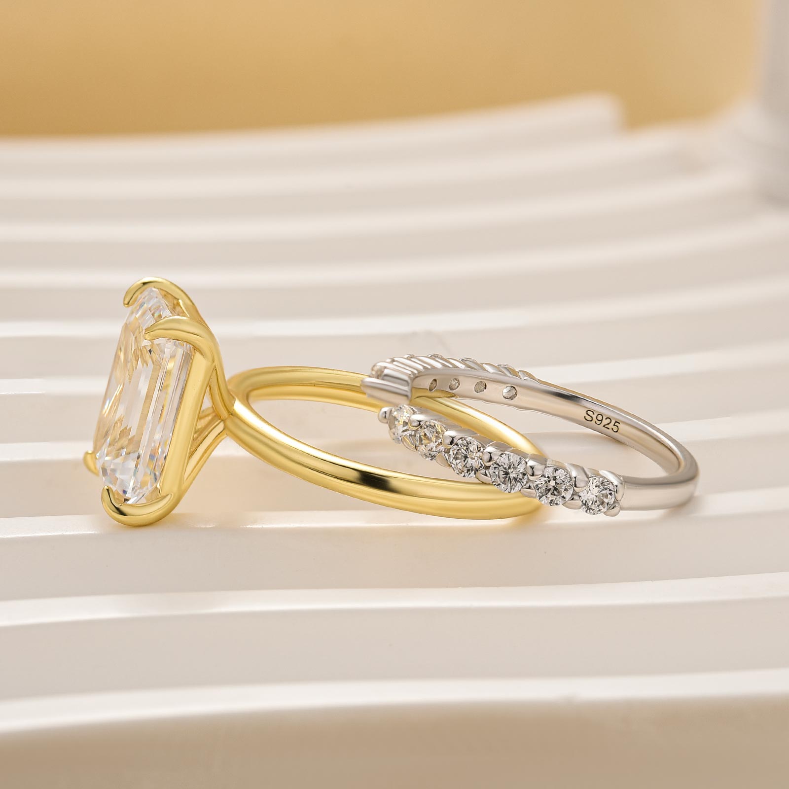 2PC 5.0Ct Solitaire Emerald Cut Wedding Ring Set with Open Wedding Band - louilyjewelry