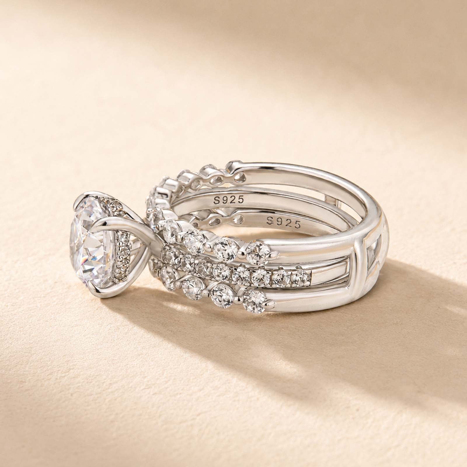 S925 2.0Ct Round Cut Engagement Ring with 0.77Ct Enhancer Wedding Band For Everyday Wear