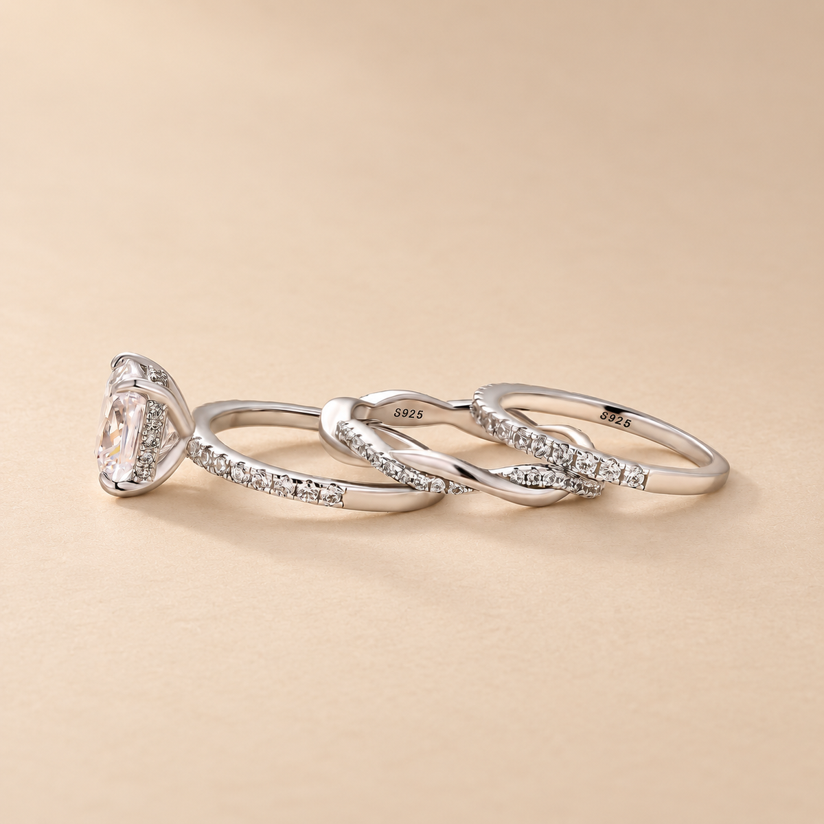 S925 3PC Hidden Halo 3.0Ct Cushion Cut Twist Statement Wedding Ring Sets