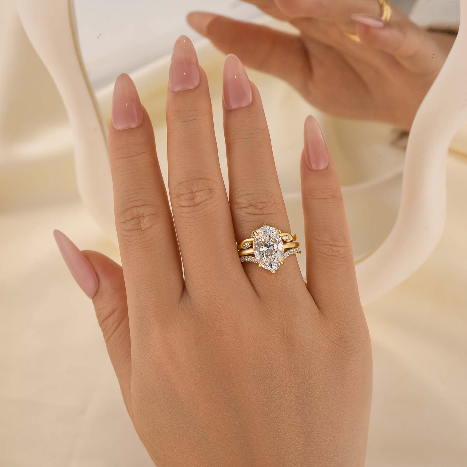 3PC Wedding Set Oval Cut Hidden Halo Solitaire Engagement Ring with 2PC Design Wedding Band