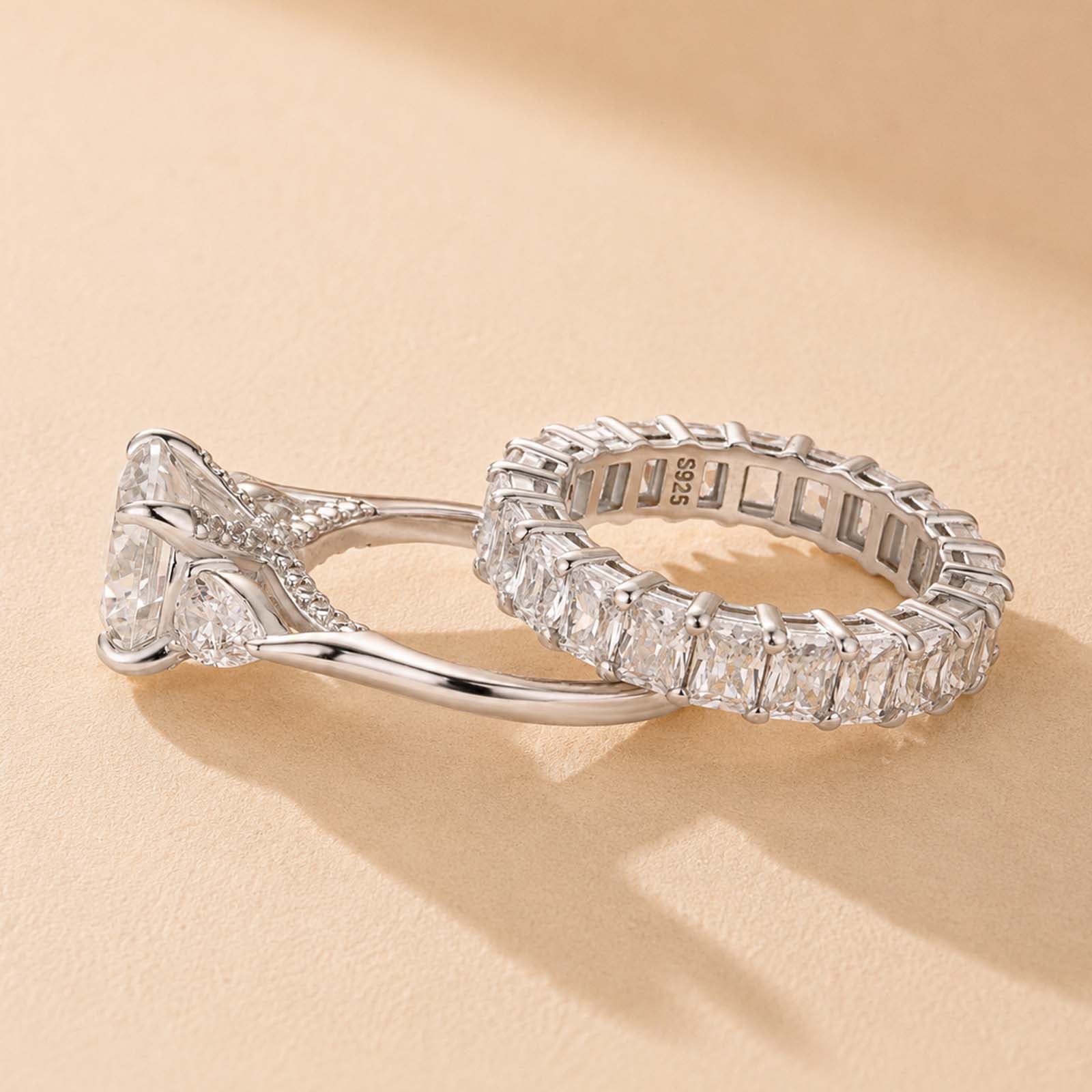 S925 Moissanite 4.0Ct Round Cut Three Stone Ring & 3.5Ct Band Stackable Statement Ring For Her