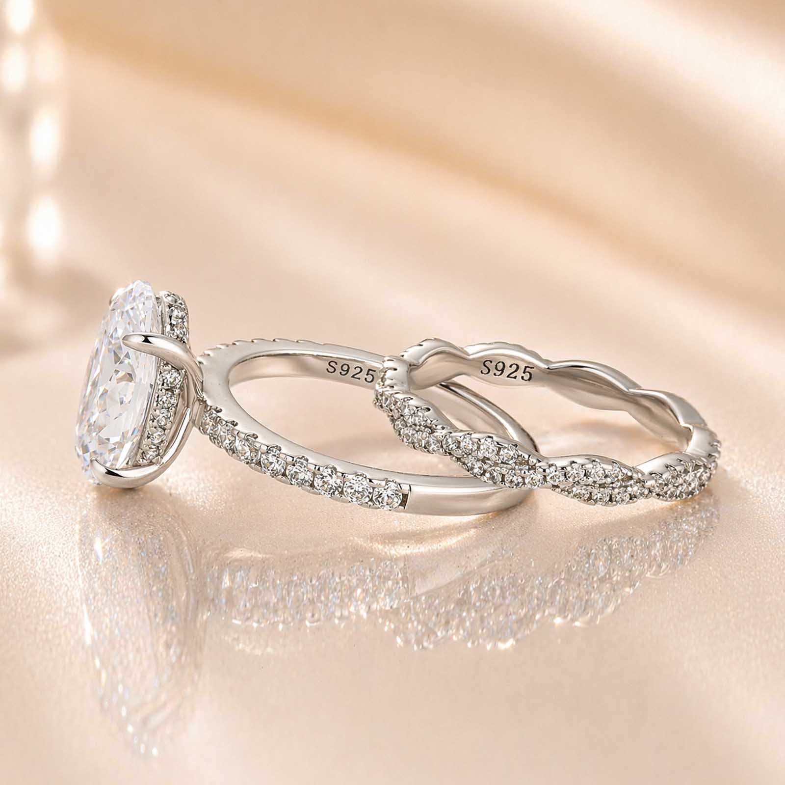 S925 4.0Ct Oval Cut Engagement Ring in Sterling Silver with Elegant Pave Twist Eternity Wedding Band