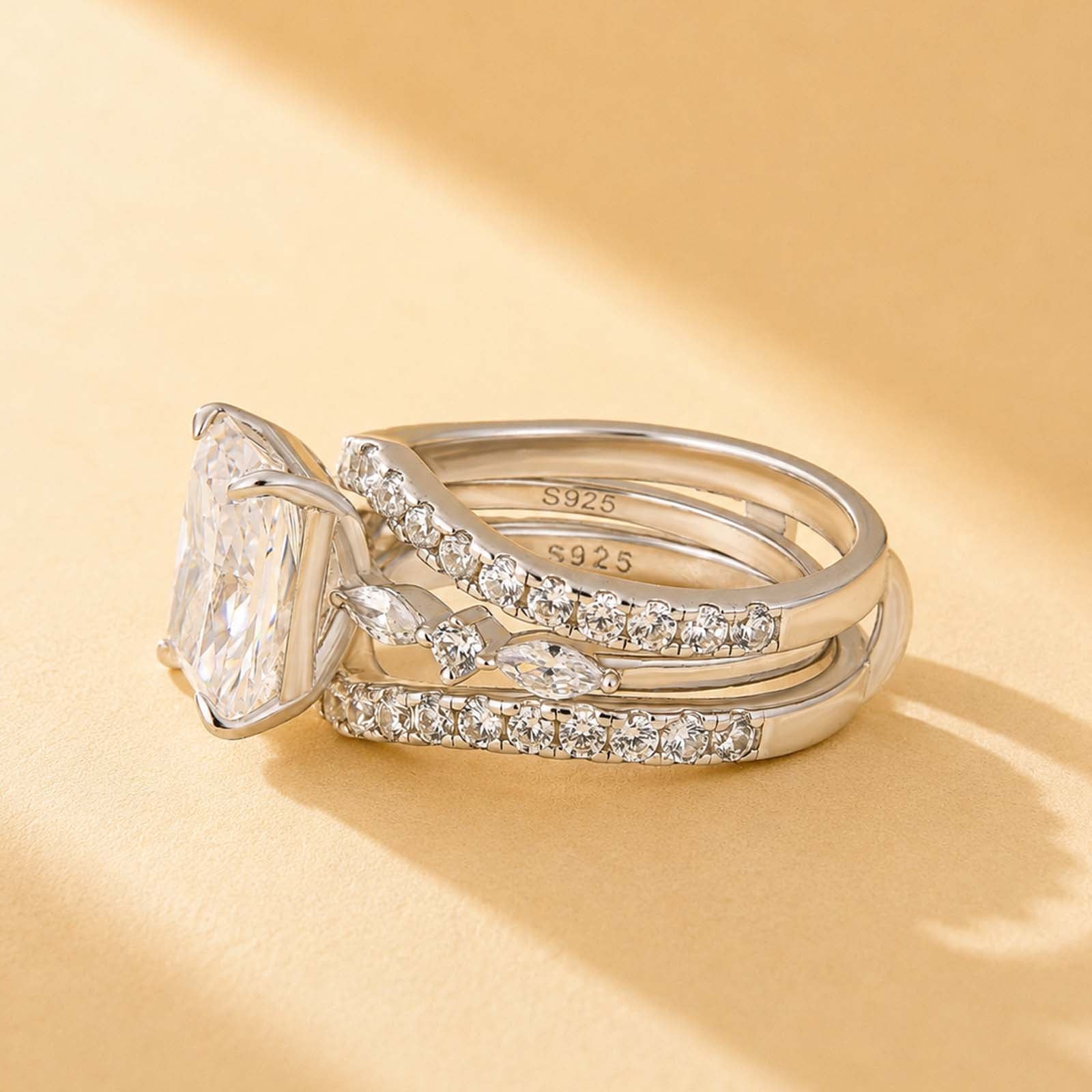 S925 3.5Ct Radiant Cut Engagement Ring in Sterling Silver & Round Cut Wedding Band Enhancer Ring Sets