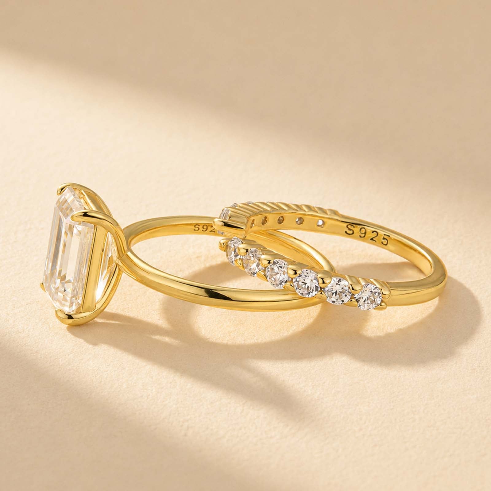 S925 3.5CT Emerald Cut 2PC Stackable Solitaire Open Ring Sets For Travel