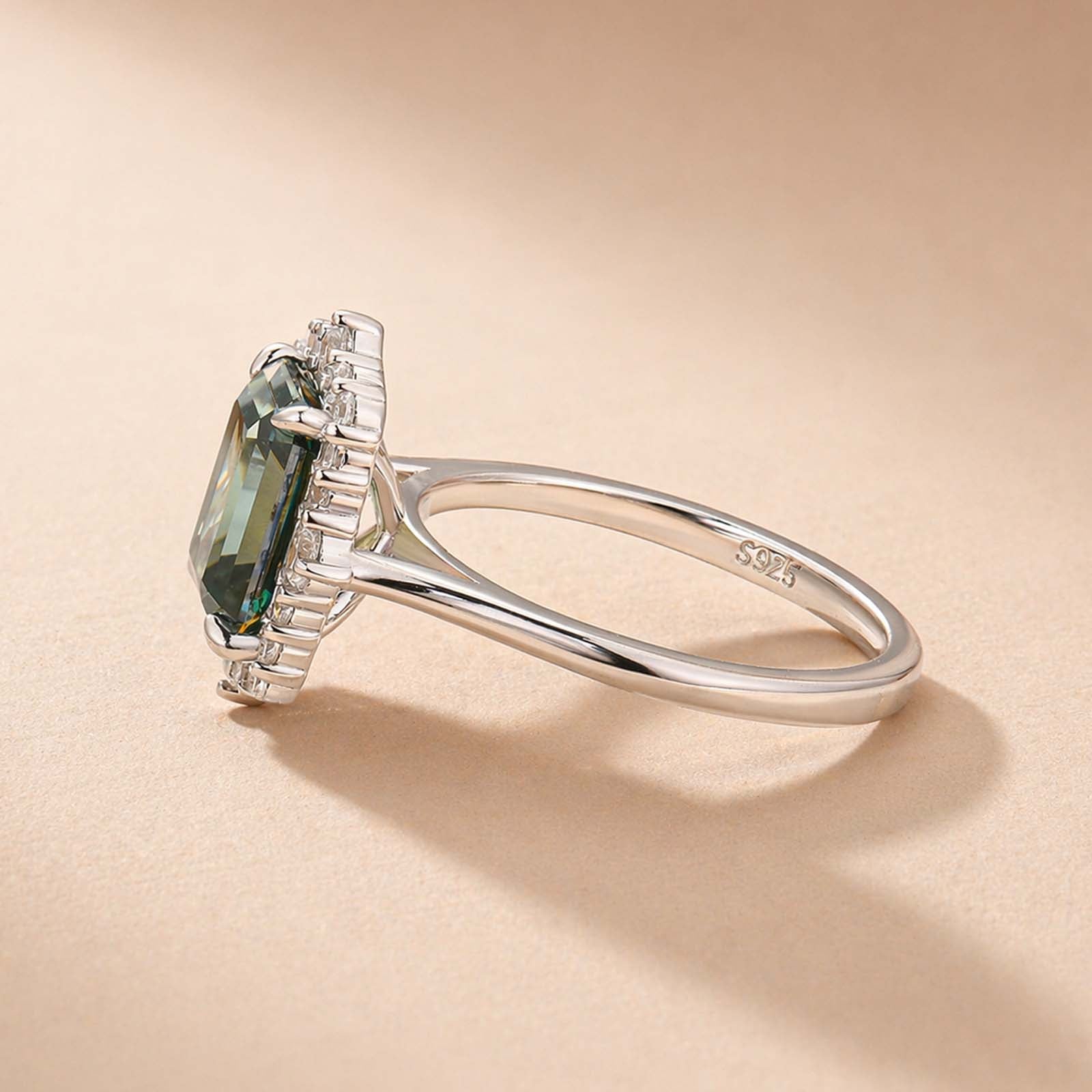 S925 3.0CT Emerald Green Emerald-Cut Moissanite Halo Ring 18K White Gold Plated In Silver Promise Ring