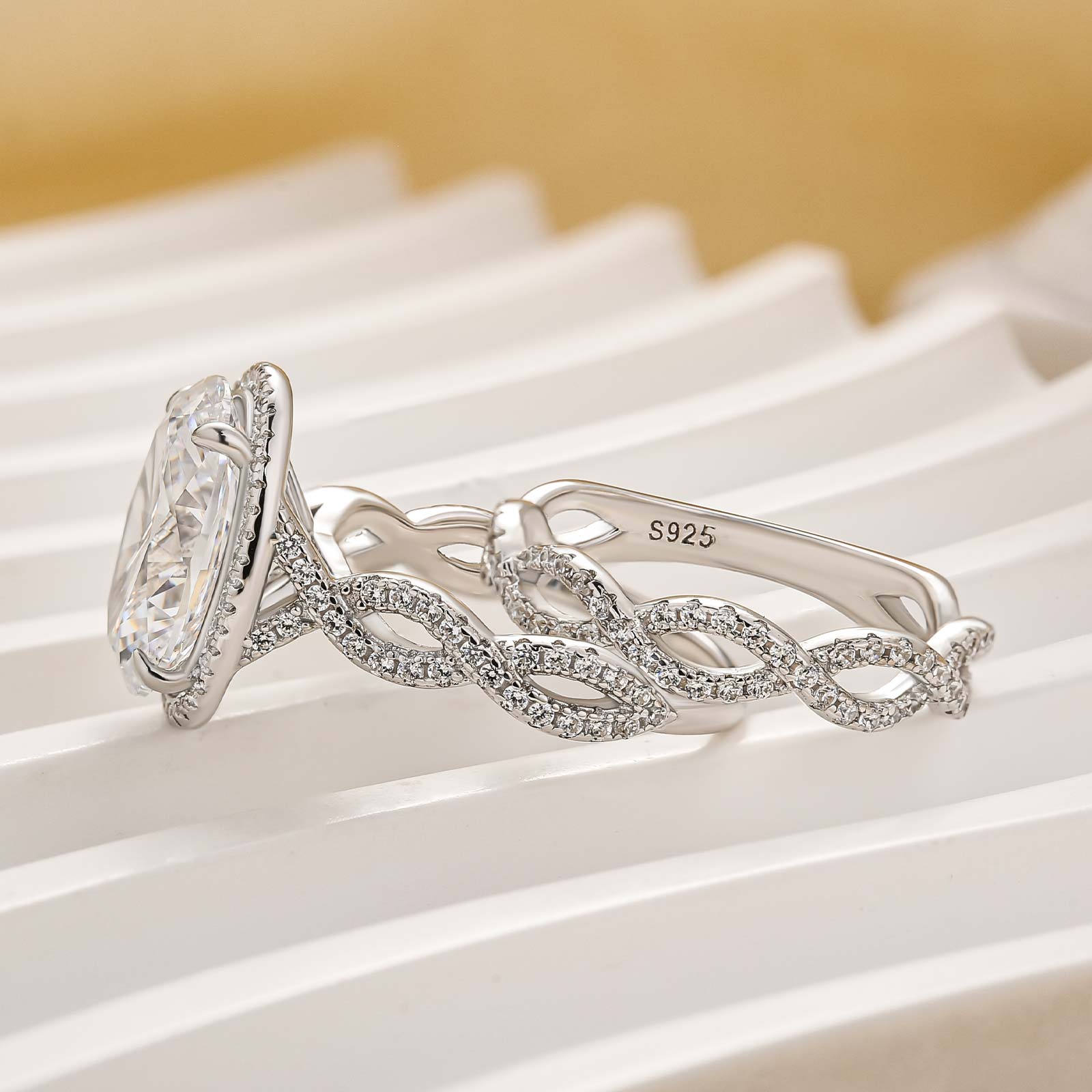 S925 4.5Ct Oval Cut Twist Engagement Ring with Twist Wedding Band - louilyjewelry