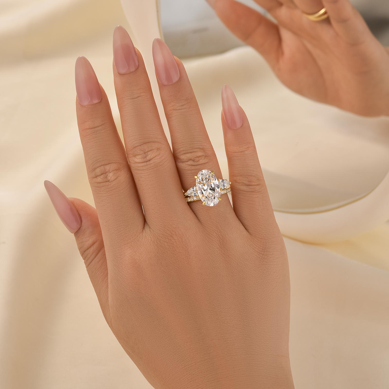 Unique 2PC 5.0Ct Oval Cut Hidden Halo Engagement Ring With Pear Cut Open Wedding Band