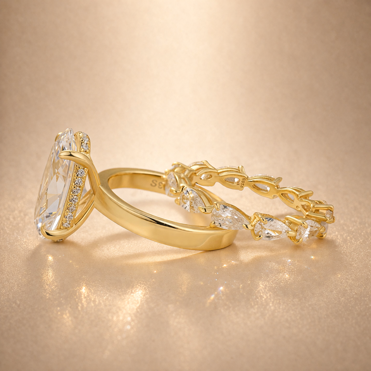 S925 Luxe 6CT Oval Solitaire Engagement Ring With Leaf Enhancer Band 2PC Wedding Set In 18K Gold Plated Silver
