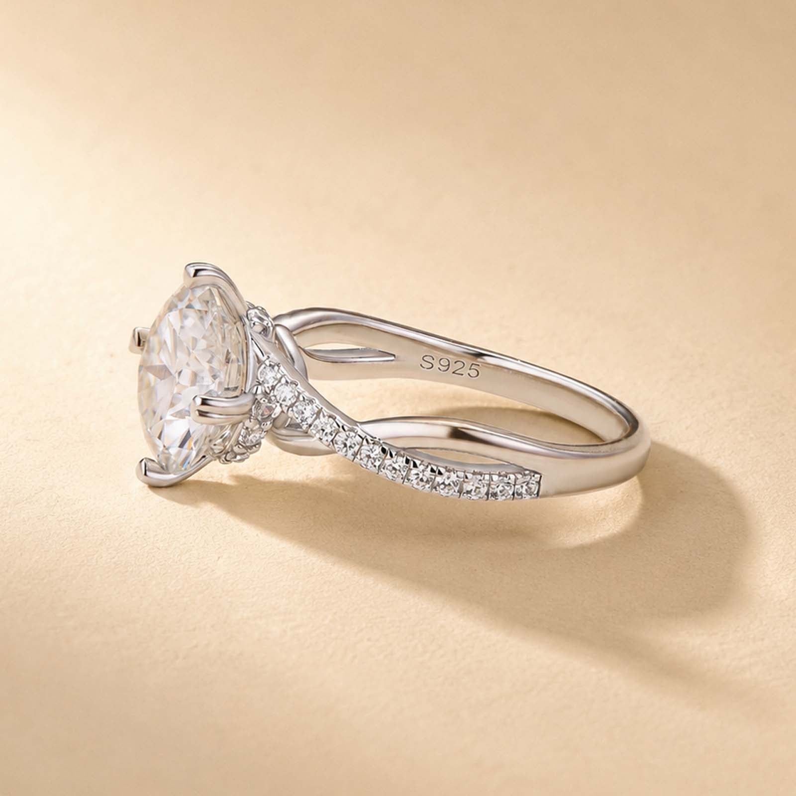 S925 Moissanite 3.0Ct Round Cut Unique Heart Prong Twisted Half Pave Silver Engagement Ring Date Night Ring