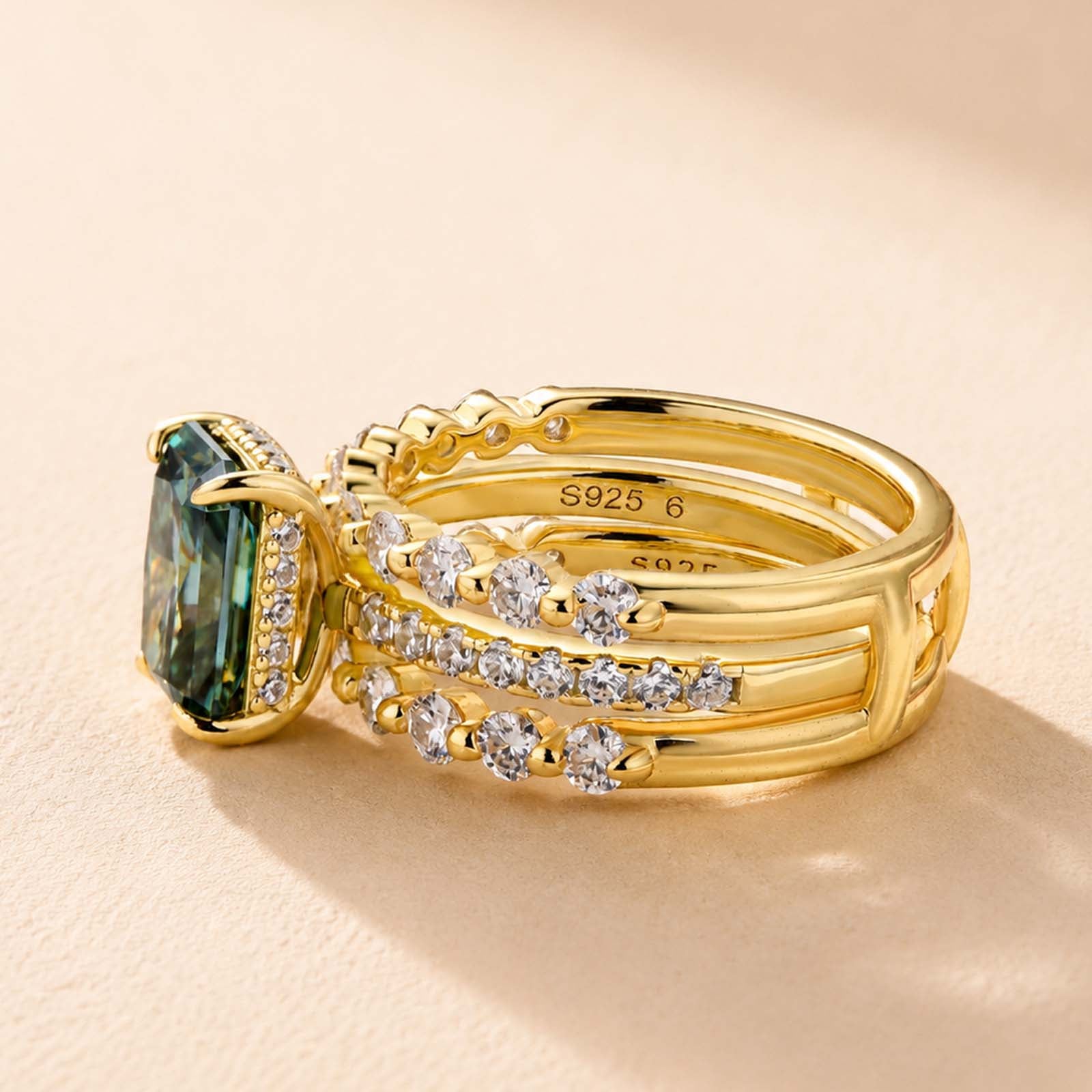 S925 Moissanite 2.0Ct~3.0Ct Radiant Cut/Round Cut Green Hidden Halo Vintage Enhancer Ring Sets For Everyday Wear