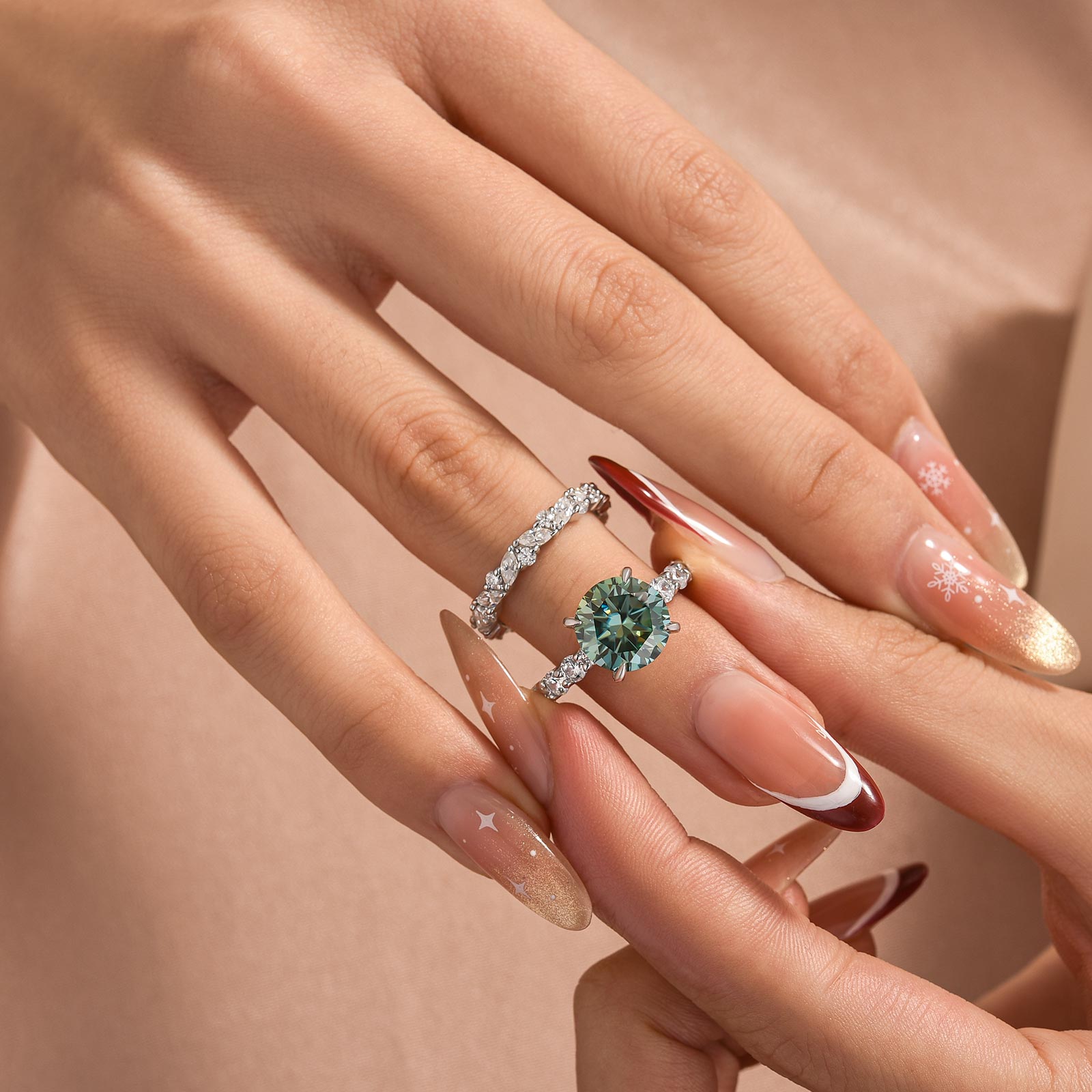 2PC Moissanite 4.0Ct Round Cut Green Stone Engagement Ring With Round&Marquise Cut Wedding Band