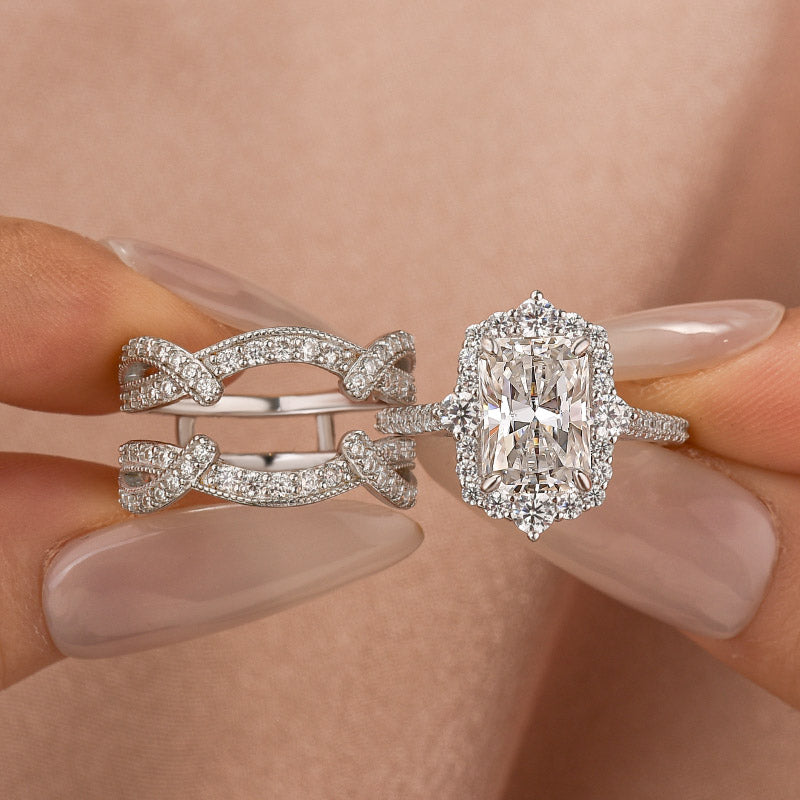 Louily Moissanite 3.0Ct White Gold Halo Radiant Cut Wedding Ring Set Stack Wedding Ring with Enhancer Wedding Band