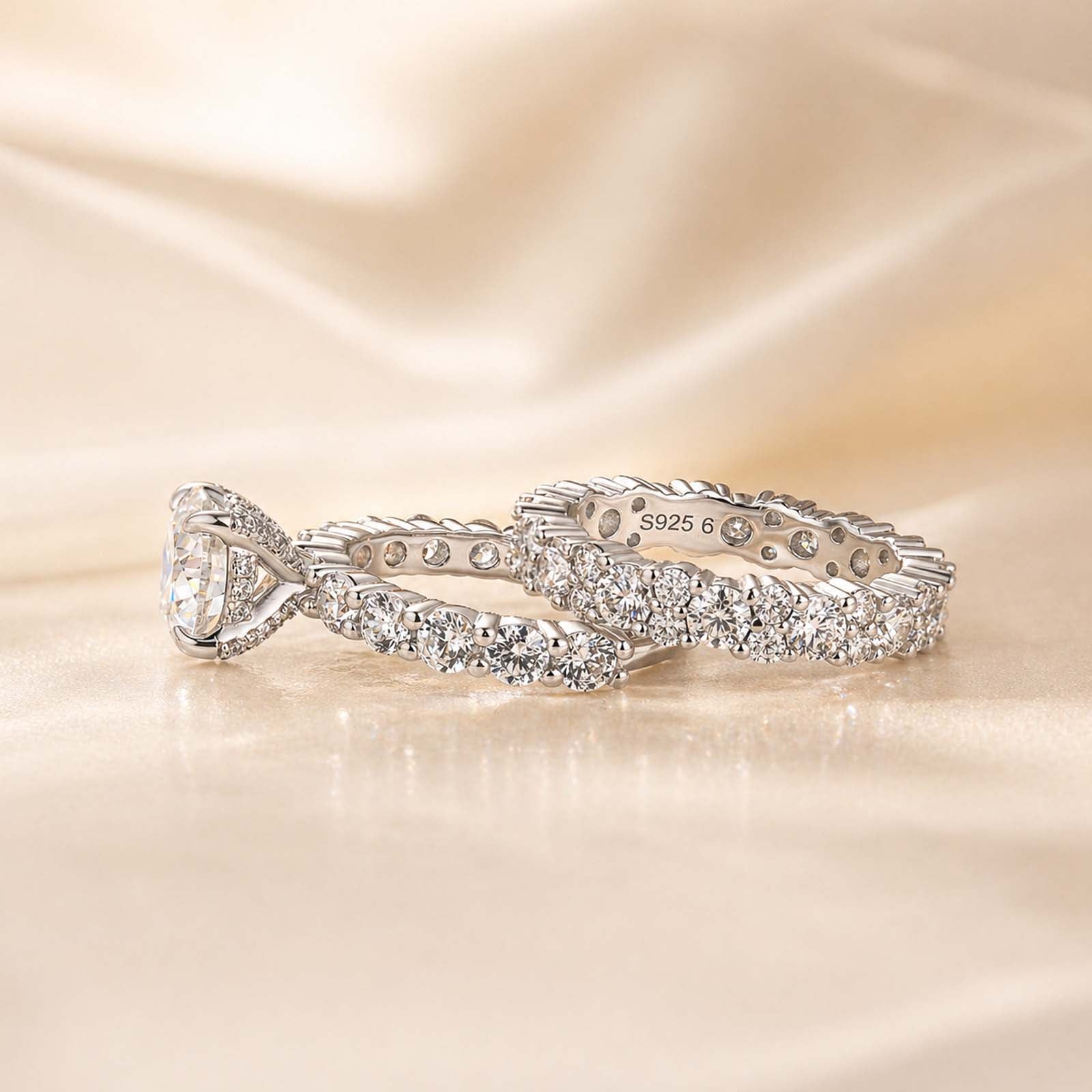 S925 2.0CT Round Cut Moissanite 2PC Brival Ring Set Solitaire Promise Ring & Pavé Eternity Band
