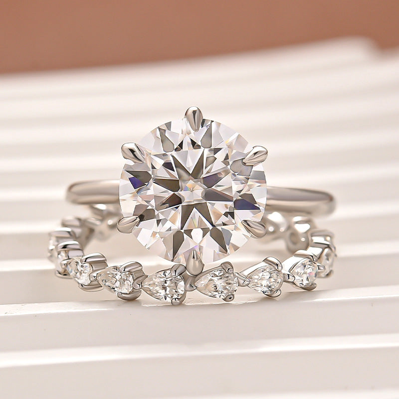 2PC Moissanite 4.0Ct Round Cut Engagement Ring With Pear Cut Wedding Band Wedding Ring Set