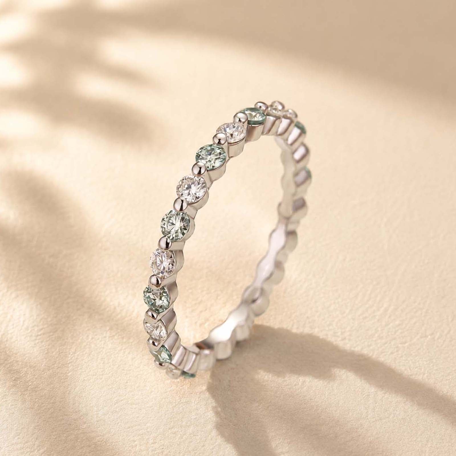 S925 Moissanite 0.858 Round Cut Mint Green & Clear Alternating Bead Set Half Eternity Stack Ring
