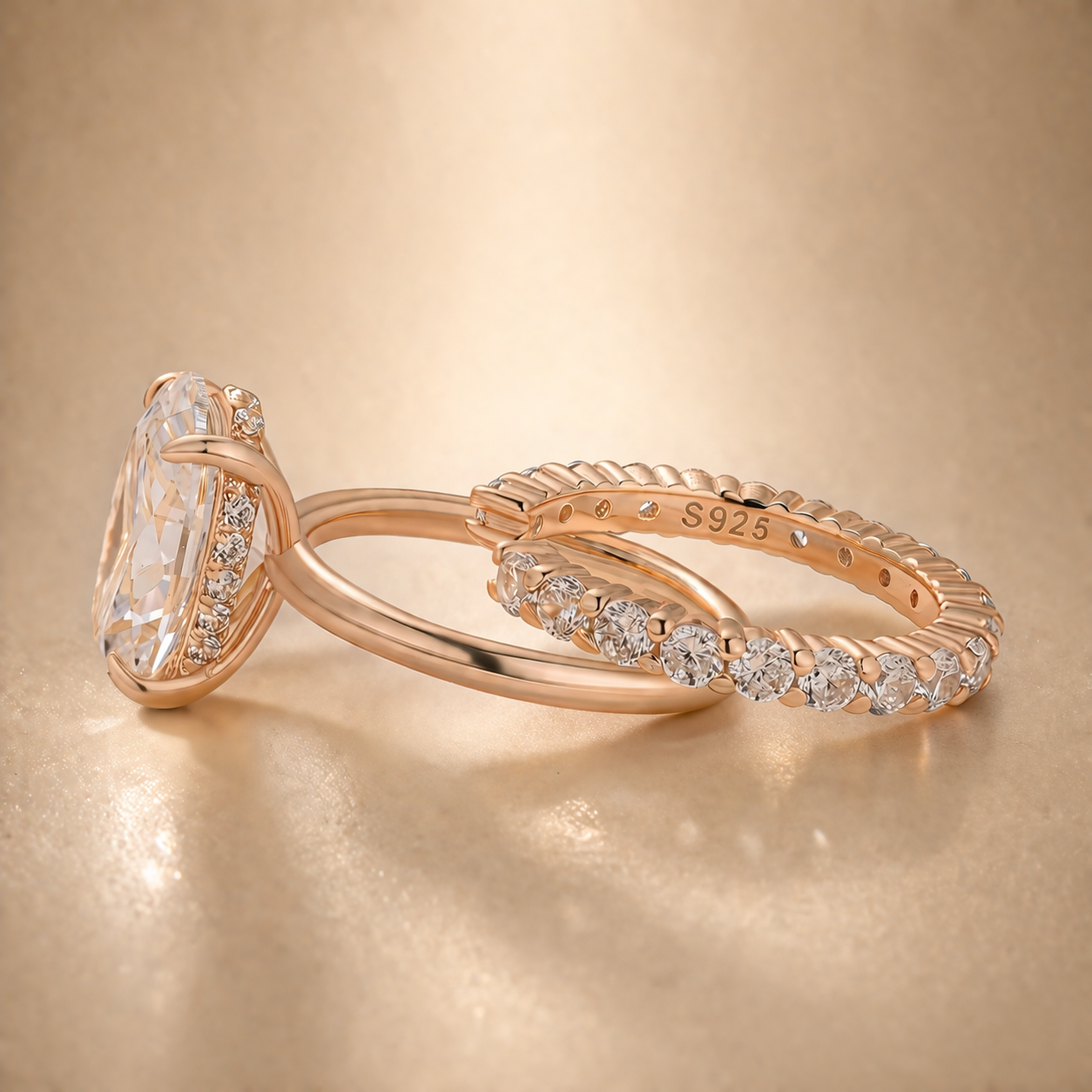 S925 4.5Ct Oval Cut Solitaire Engagement Ring in Sterling Silver with Open Round Cut Eternity Wedding Band