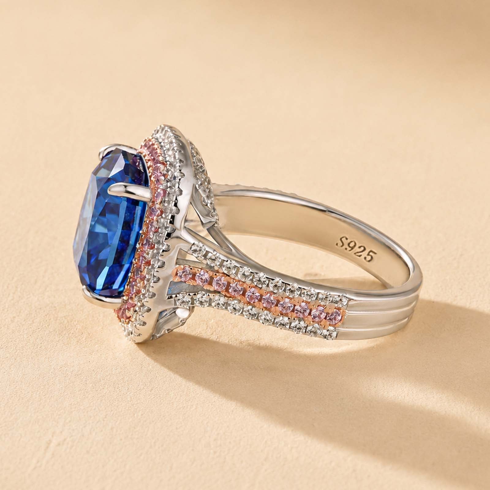 S925 Double Halo 6.0Ct Cushion Cut Three Shank Vintage Aquamarine Blue&Purple Engagement Ring