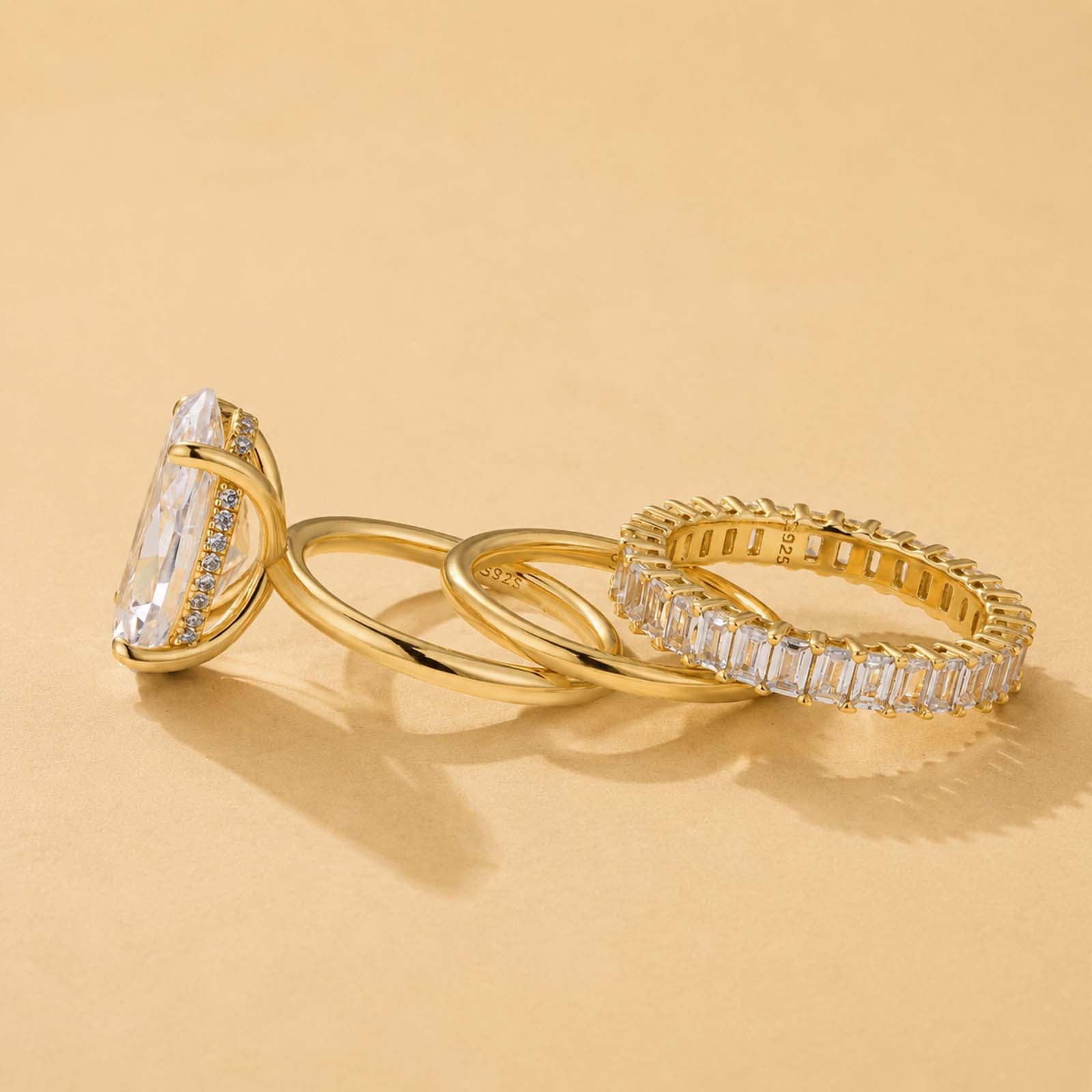 S925 3PC 5.0Ct Oval Cut Hidden Halo Stackable Statement Luxe Ring Sets For Travel