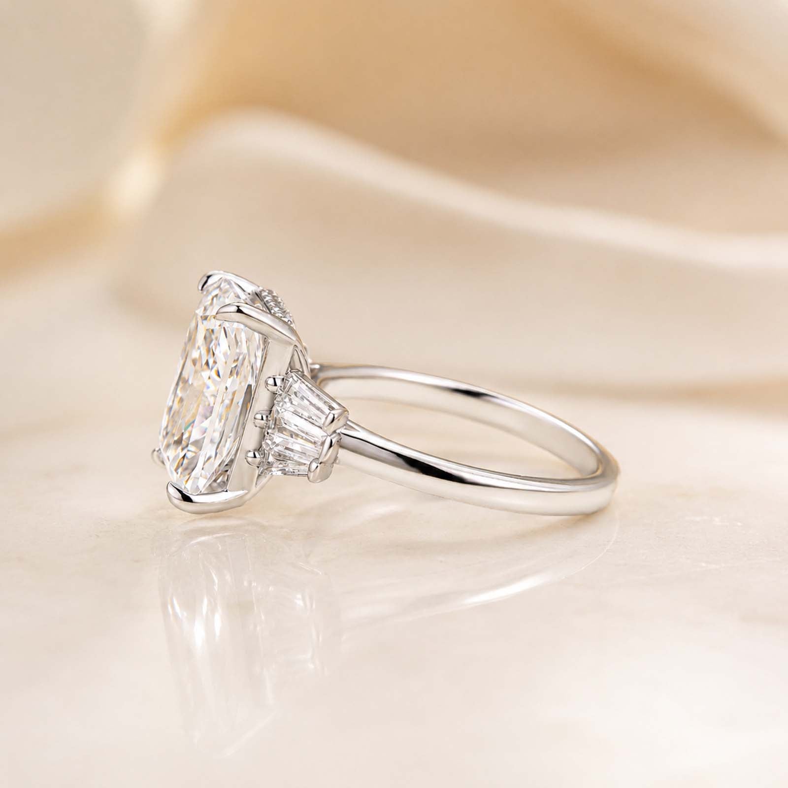S925 5.0Ct Radiant Cut Sterling Silver Side Stone Simulated Diamond Engagement Ring