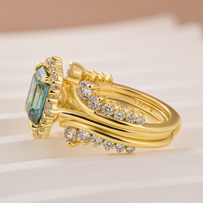 3.0Ct Halo Emerald Cut Insert Wedding Ring Set With Vintage Jacket Wedding Band