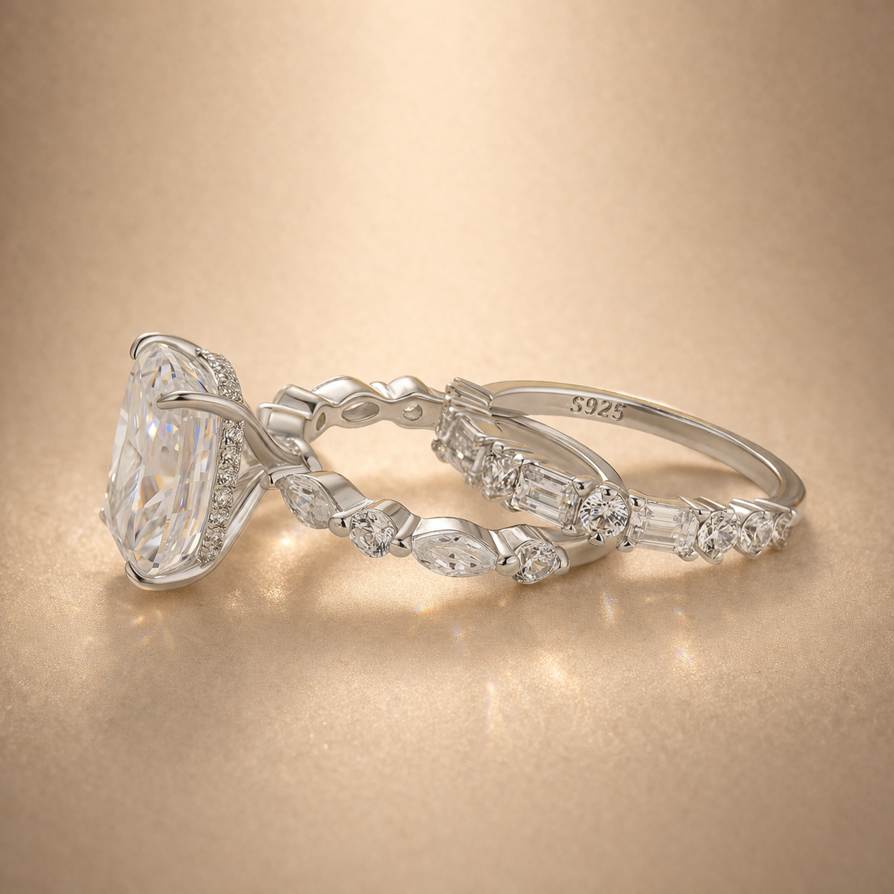 S925 Crushed Ice 5.0Ct Cushion Cut Engagement Ring in Sterling Silver with Wedding Band