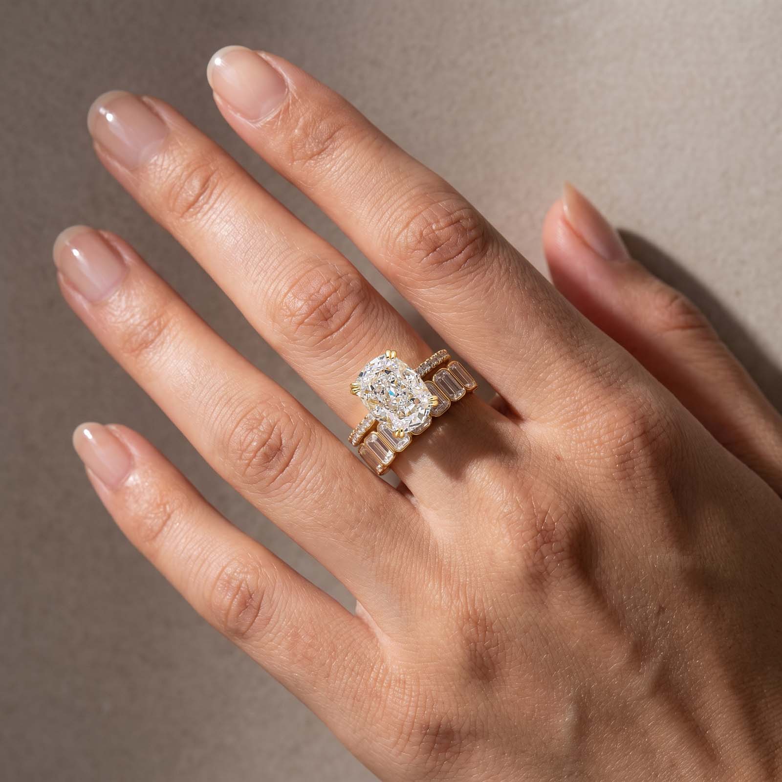 S925 5.5Ct Cushion Cut Engagement Ring & 2.8Ct Emerald Cut Half Eternity Wedding Band Stackable Ring Set