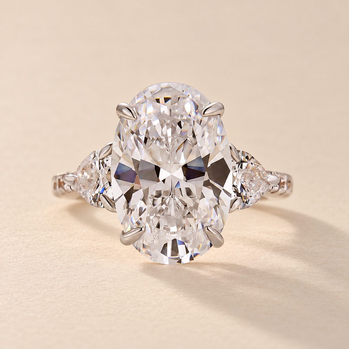 7.0Ct Oval Cut Three-Stone Engagement Ring with Heart Side Stones