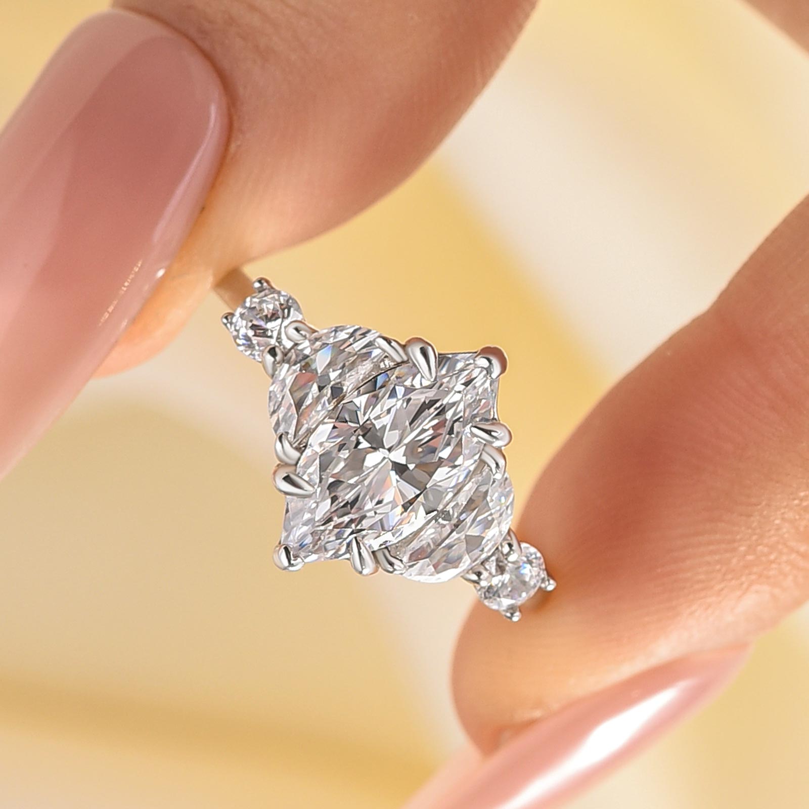 Louily Stunning Marquise Cut Three Stone Engagement Ring In Sterling Silver