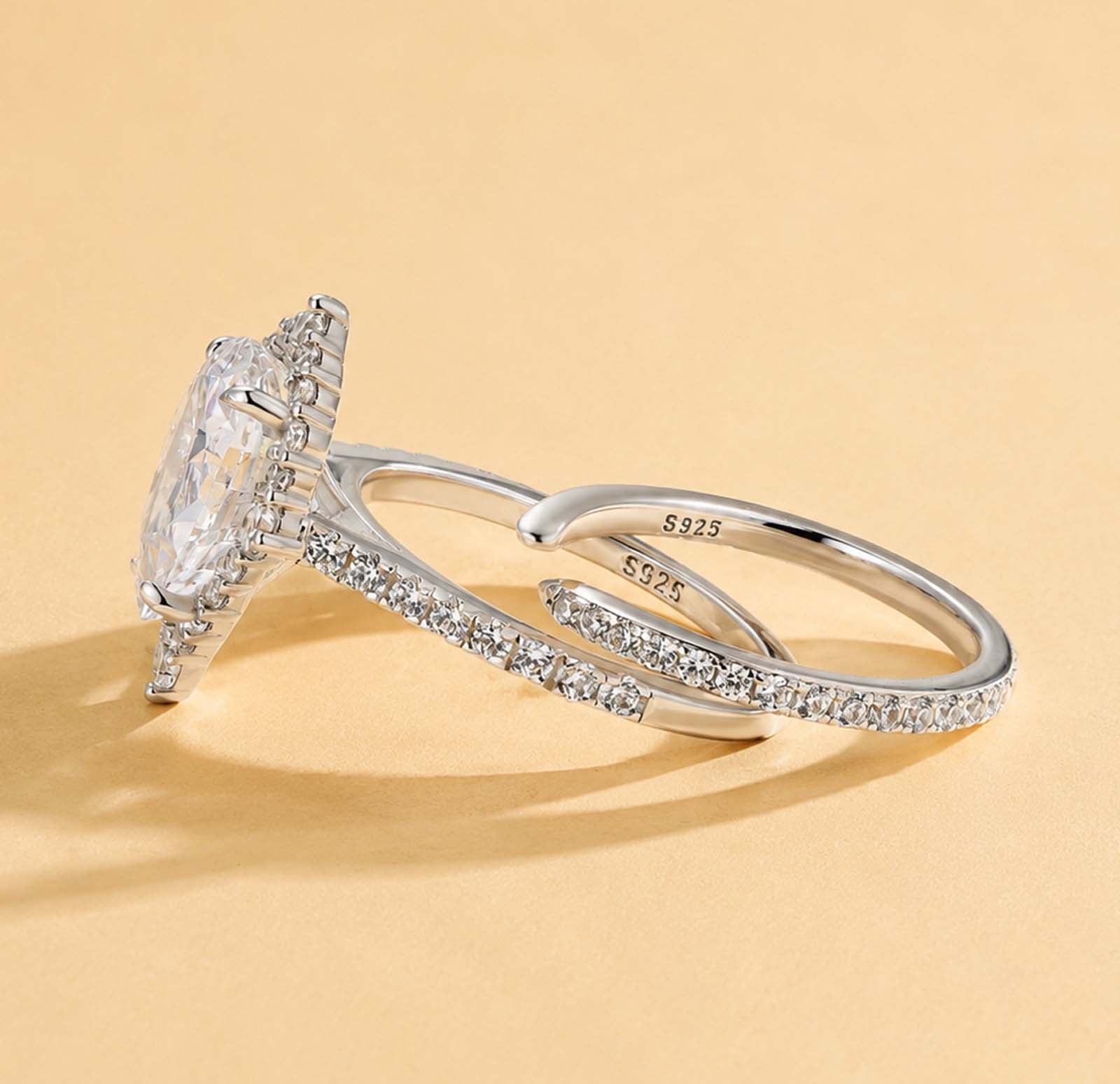 S925 3.0Ct Stunning Halo Pear Cut Stackable Romantic Ring Sets For Date Nights