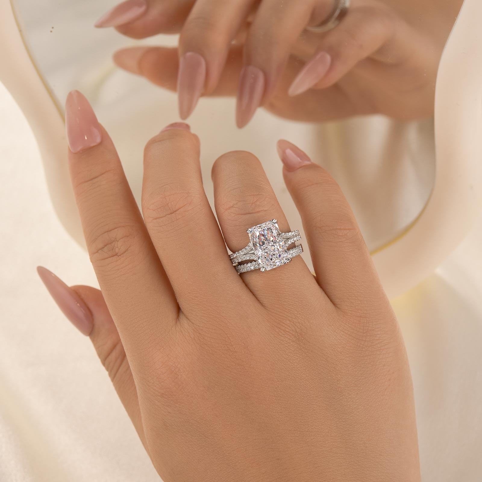 2PC Wedding Ring Set 5.5Ct Radiant Cut Engagement Ring With Double Line Pave Wedding Band