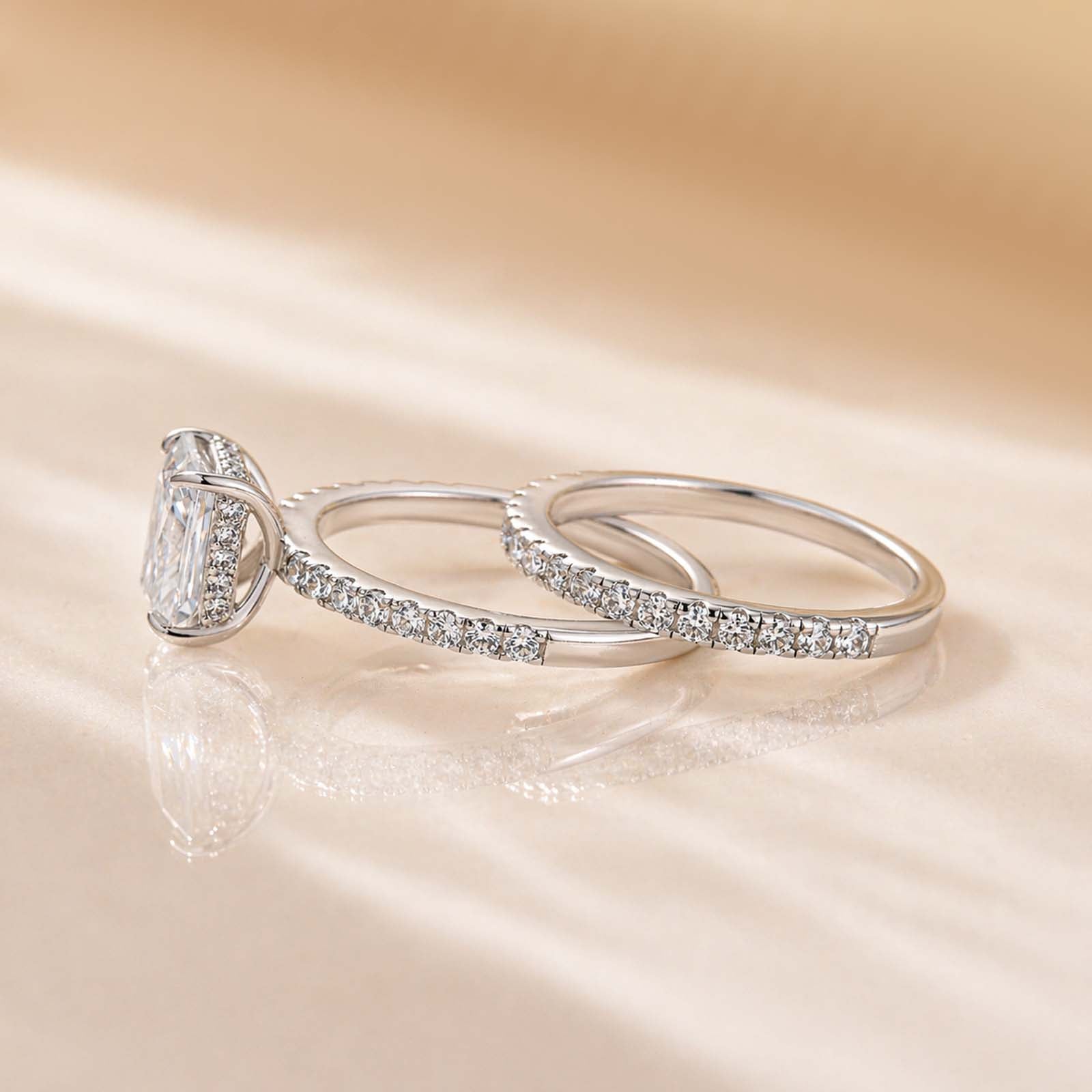 S925 2.0Ct Radiant Cut Moissanite Engagement Ring Set In Sterling Silver With Pave Wedding Band